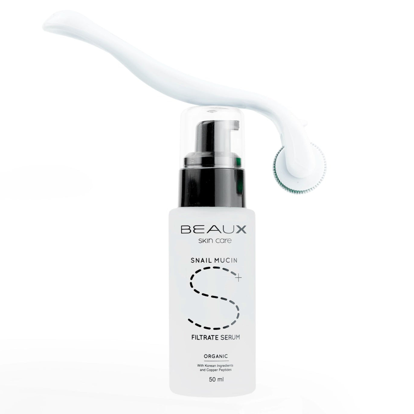 Beaux Skincare serum bottle with snail mucin filtrate on a white background